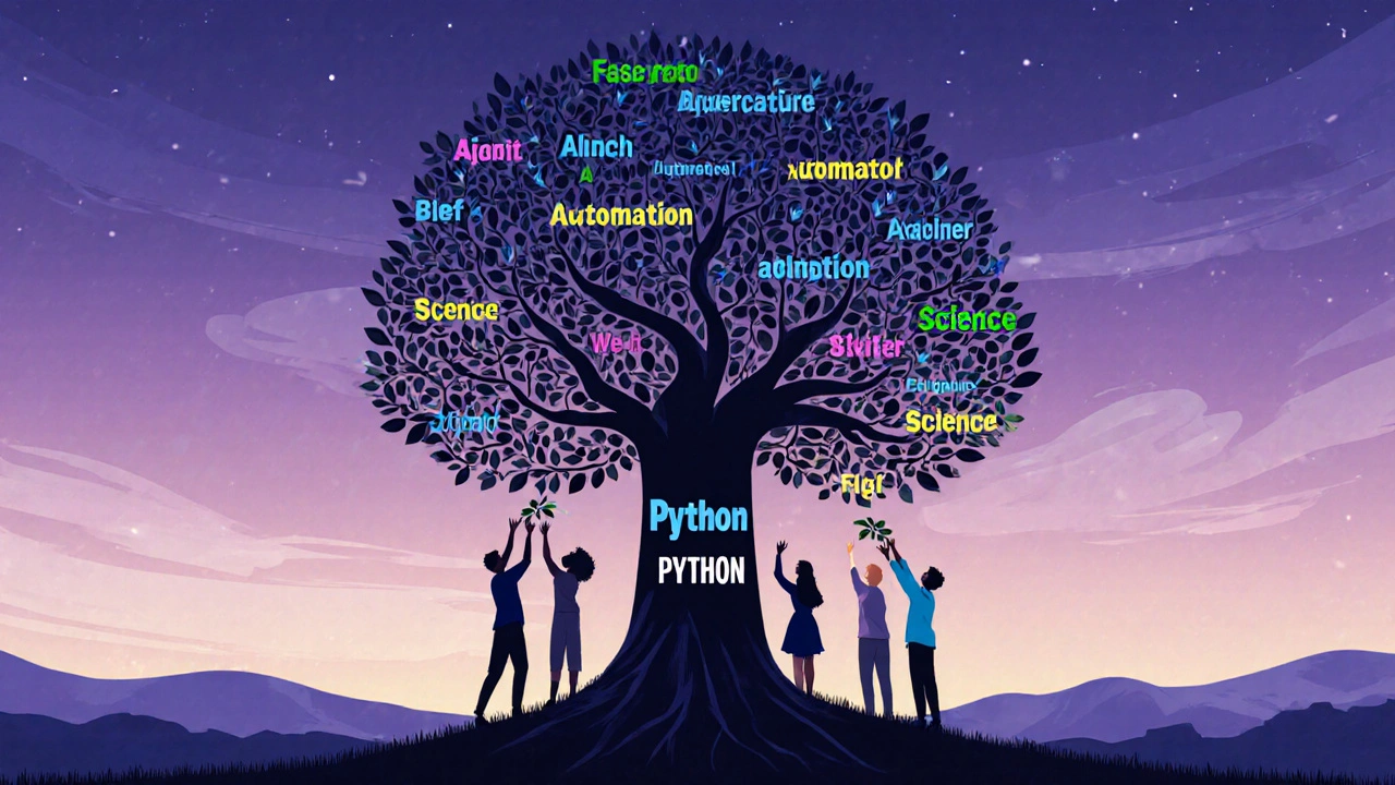 Ein Baum aus Python-Codezweigen repräsentiert die Vielfalt der Anwendungsbereiche der Programmiersprache.