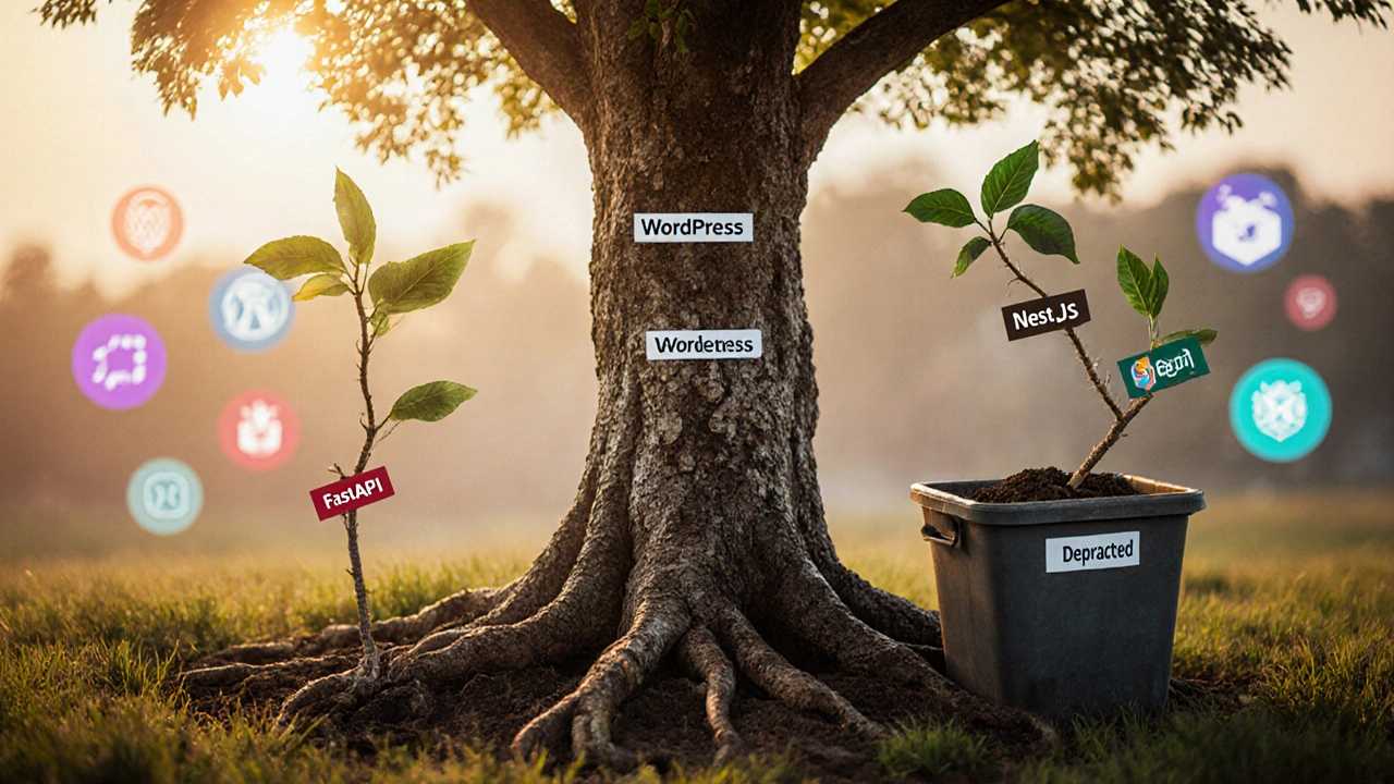 Ein Baum mit tiefen Wurzeln aus &#039;WordPress&#039;, während neue Bäume wie &#039;Go&#039; und &#039;FastAPI&#039; daneben wachsen.