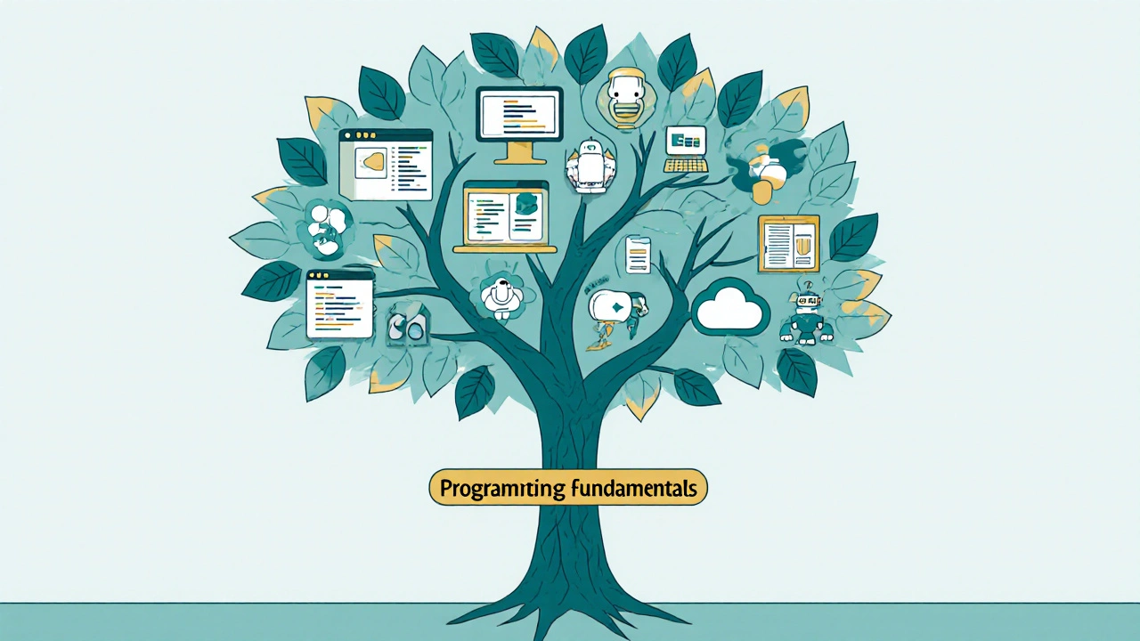 Ein Baum mit zwei Stämmen: JavaScript für Web-Apps, Python für KI und Daten, gemeinsame Wurzeln der Programmierung.