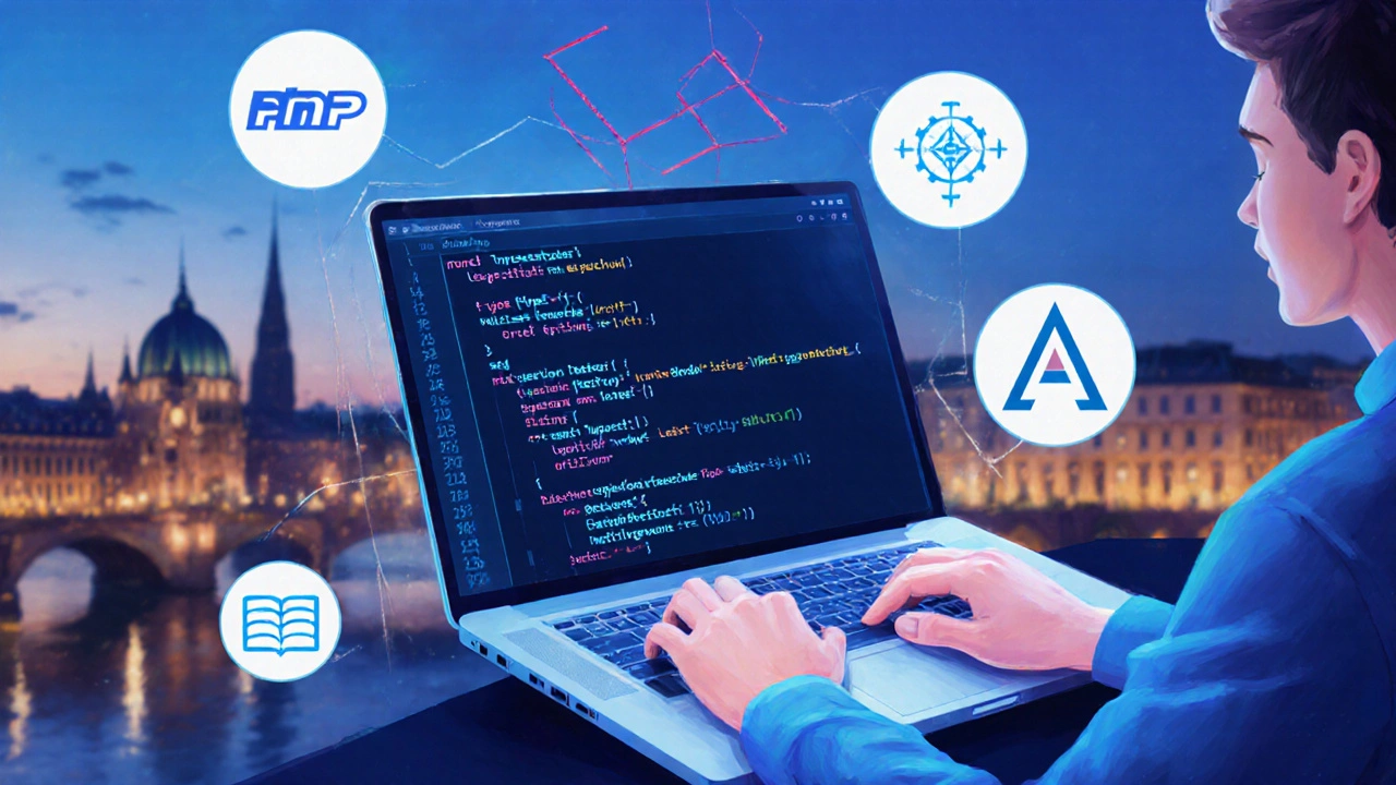 Ein Entwickler arbeitet mit Laravel an modernem PHP-Code mit Typen und Nullsafe-Operator auf einem Laptop.