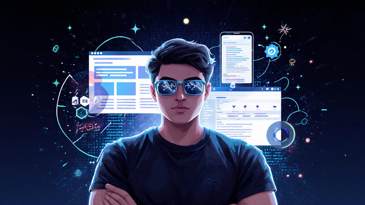 Ein Entwickler steht vor einer digitalen Wand mit JavaScript-Projekten, während ein Java-Logo verschwindet.