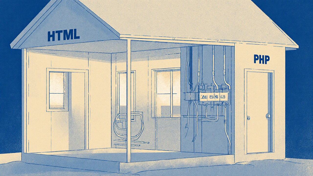Ein Haus mit HTML als Struktur und PHP als Elektrik und Wasserleitungen, die in die Wände eingebaut werden.