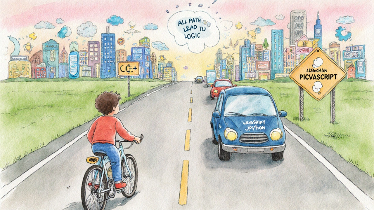 Ein Kind fährt mit einem Fahrrad namens JavaScript auf einer Straße, die verschiedene Programmiersprachen zeigt.
