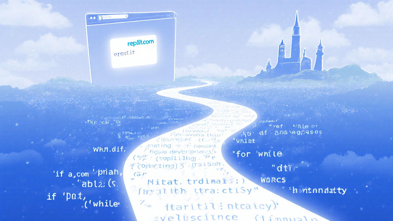 Ein leuchtender Pfad aus Python-Code führt zu Symbolen für KI, Webentwicklung und Datenanalyse.