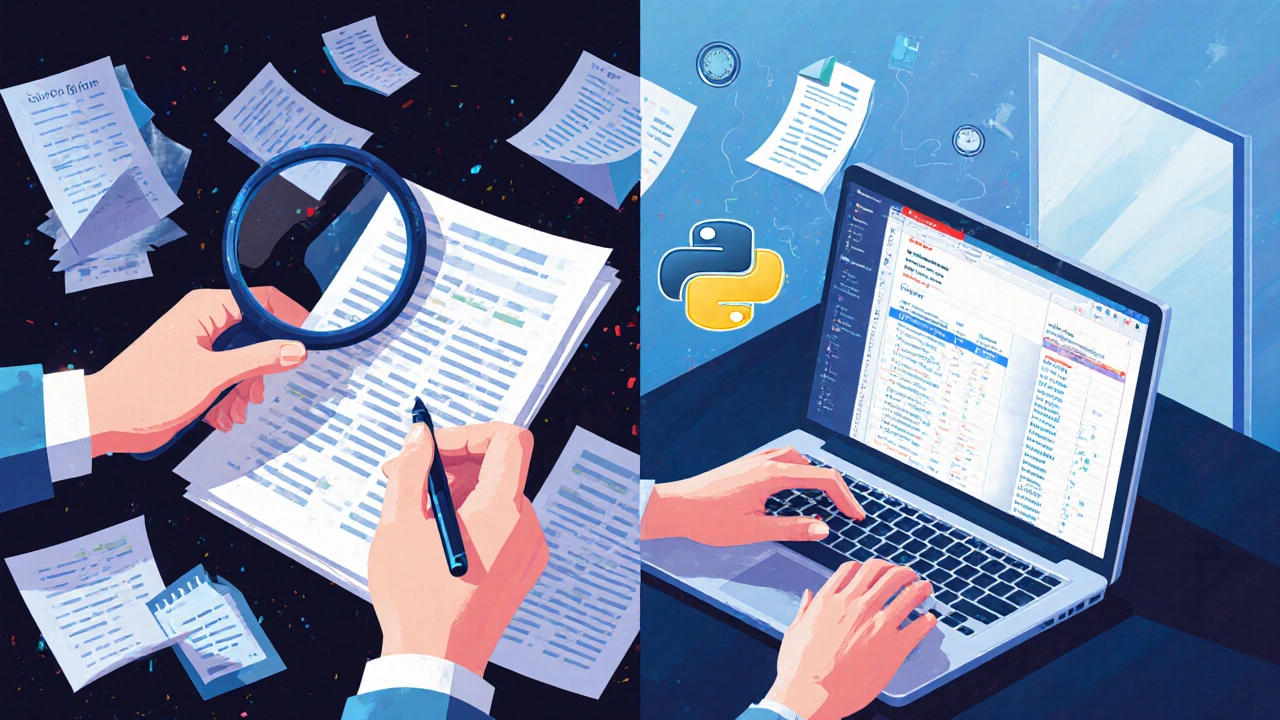 Ein Mitarbeiter vergleicht manuelle Datenarbeit mit einem automatisierten Python-Skript.