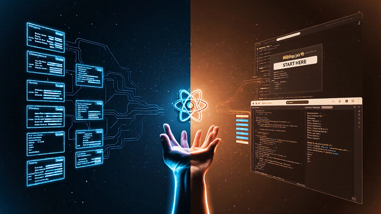 Ein Split-Screen zeigt komplexe Java-Strukturen links und dynamische Web-Elemente rechts.