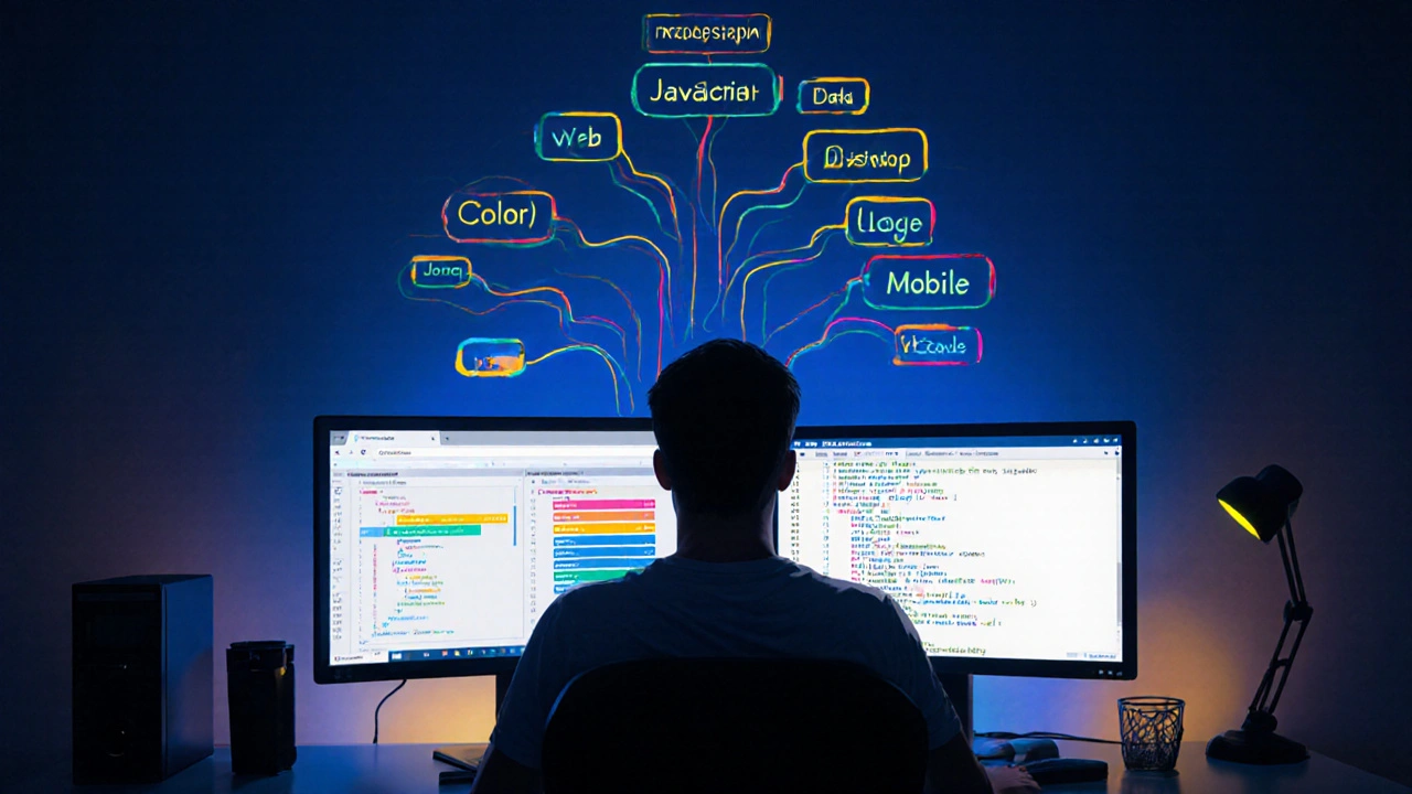 Eine Person vor zwei Bildschirmen, die verschiedene Programmiersprachen nutzen, mit einem Baumdiagramm hinter ihnen.
