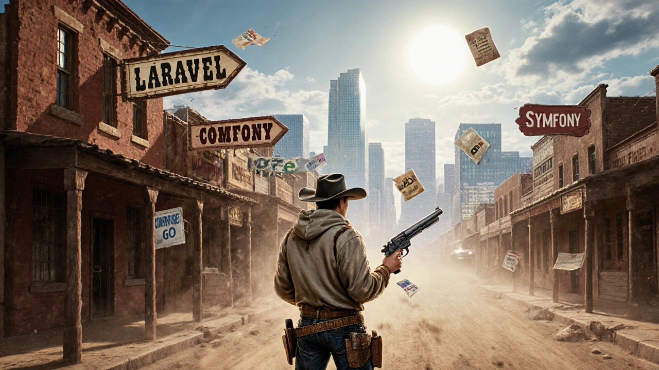 Eine Wildwest-Stadt mit veralteten PHP-Framework-Schildern, während eine moderne Stadt im Hintergrund leuchtet.