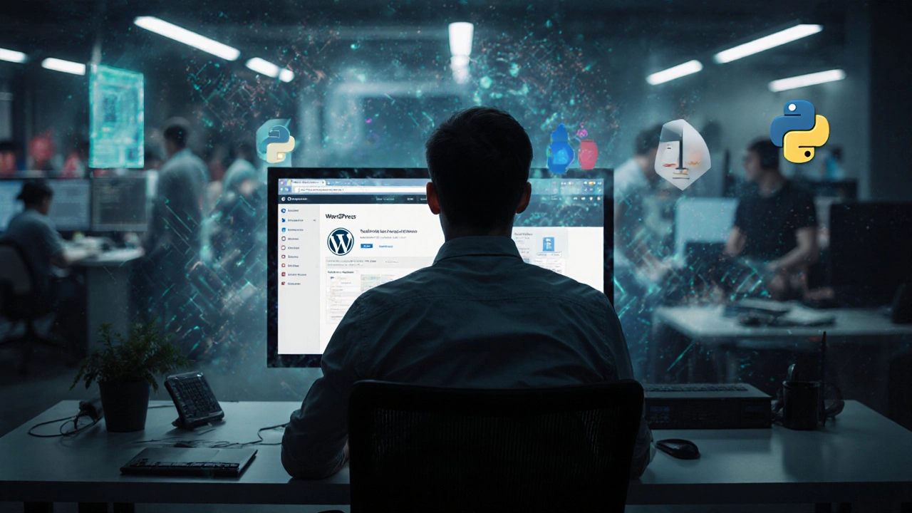 Entwickler vor WordPress-Oberfläche, hinter ihm schwebende Zukunftstechnologien in durchscheinendem Overlay.
