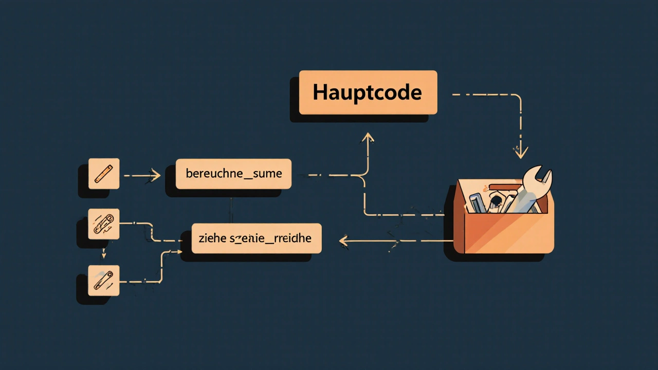 Flussdiagramm mit Hauptcode-Pfad und Werkzeugen für Funktionen.