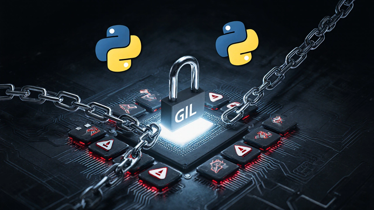 GIL-Kette blockiert alle CPU-Kerne außer einem, während Python-Logos gefangen sind.