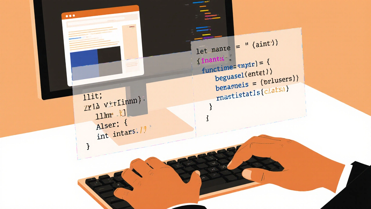 Hand tippt JavaScript-Code, grundlegende Konzepte als schwebende Bausteine um die Hände herum.