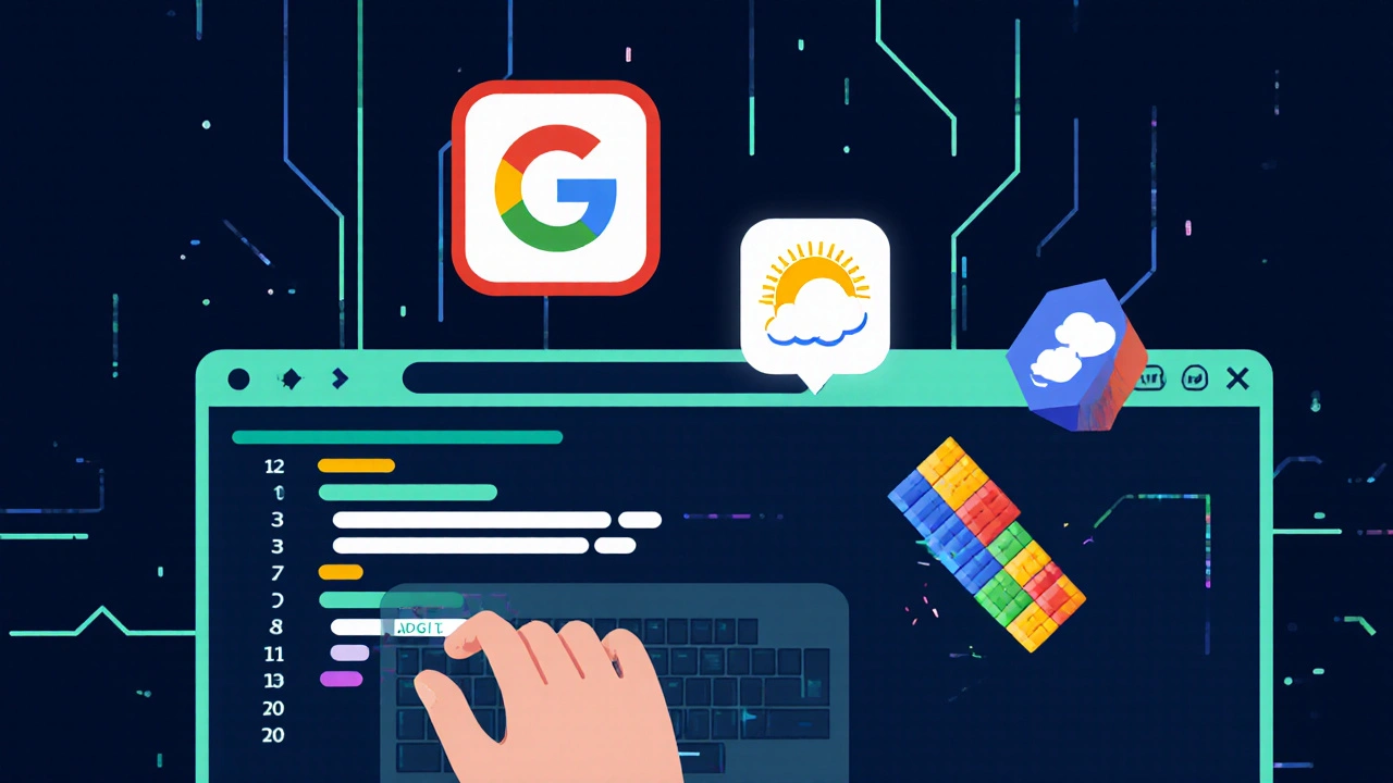 Hand tippt JavaScript in Browser, interaktive Web-Elemente schweben umher