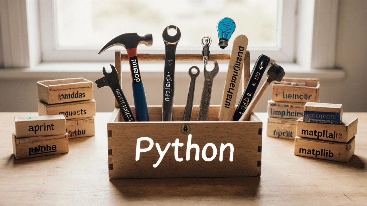 Holztoolbox mit 10 Python-Grundwerkzeugen und vielen externen Bibliothekskisten.