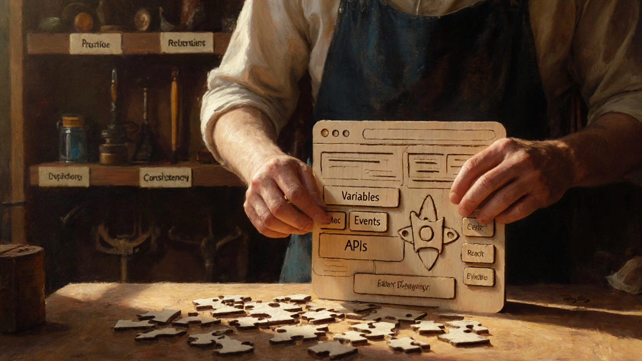 Künstler baut eine Holzpuzzle-Webseite mit Teilen wie Variablen, Events und React in warmem Licht.