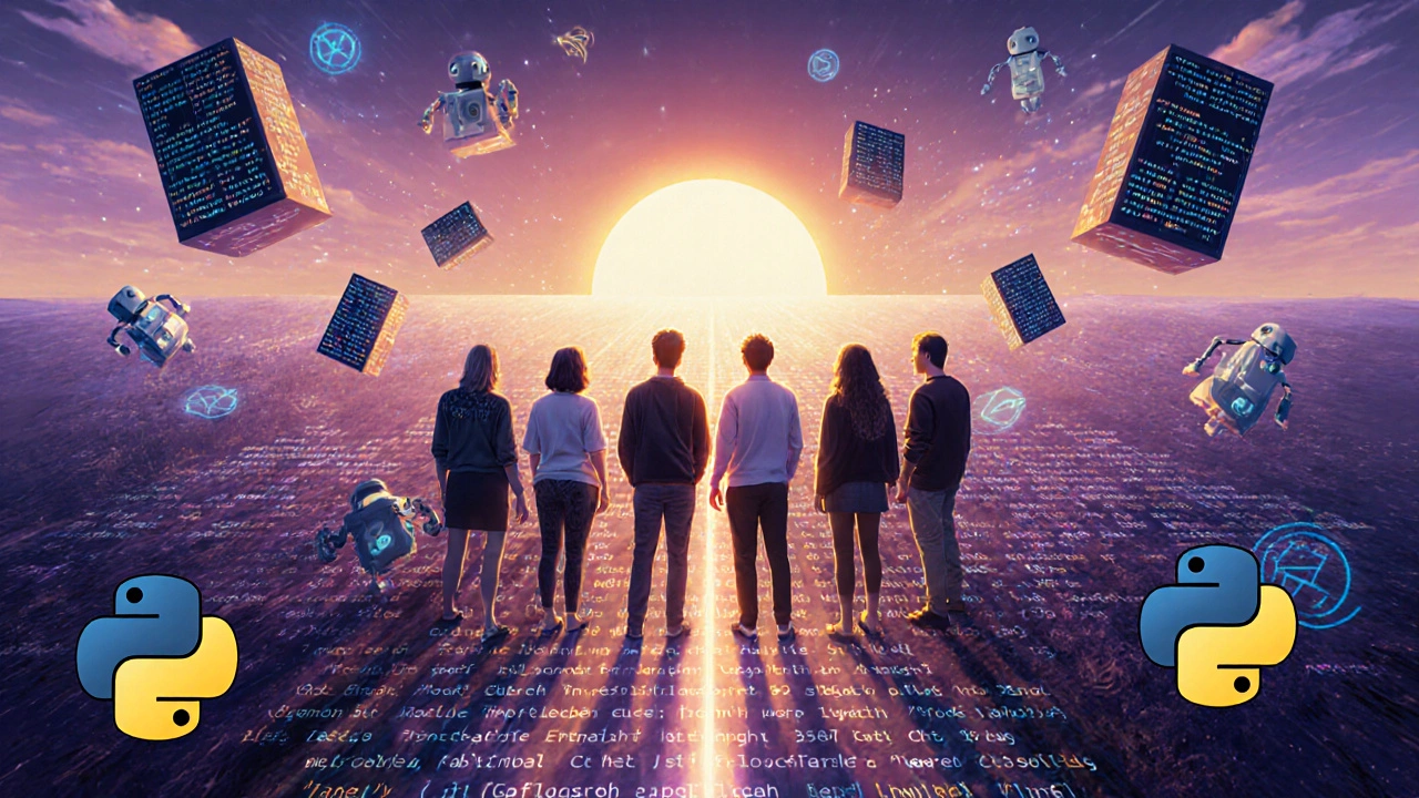 Menschen in einer digitalen Welt aus Python-Code, die zusammenarbeiten