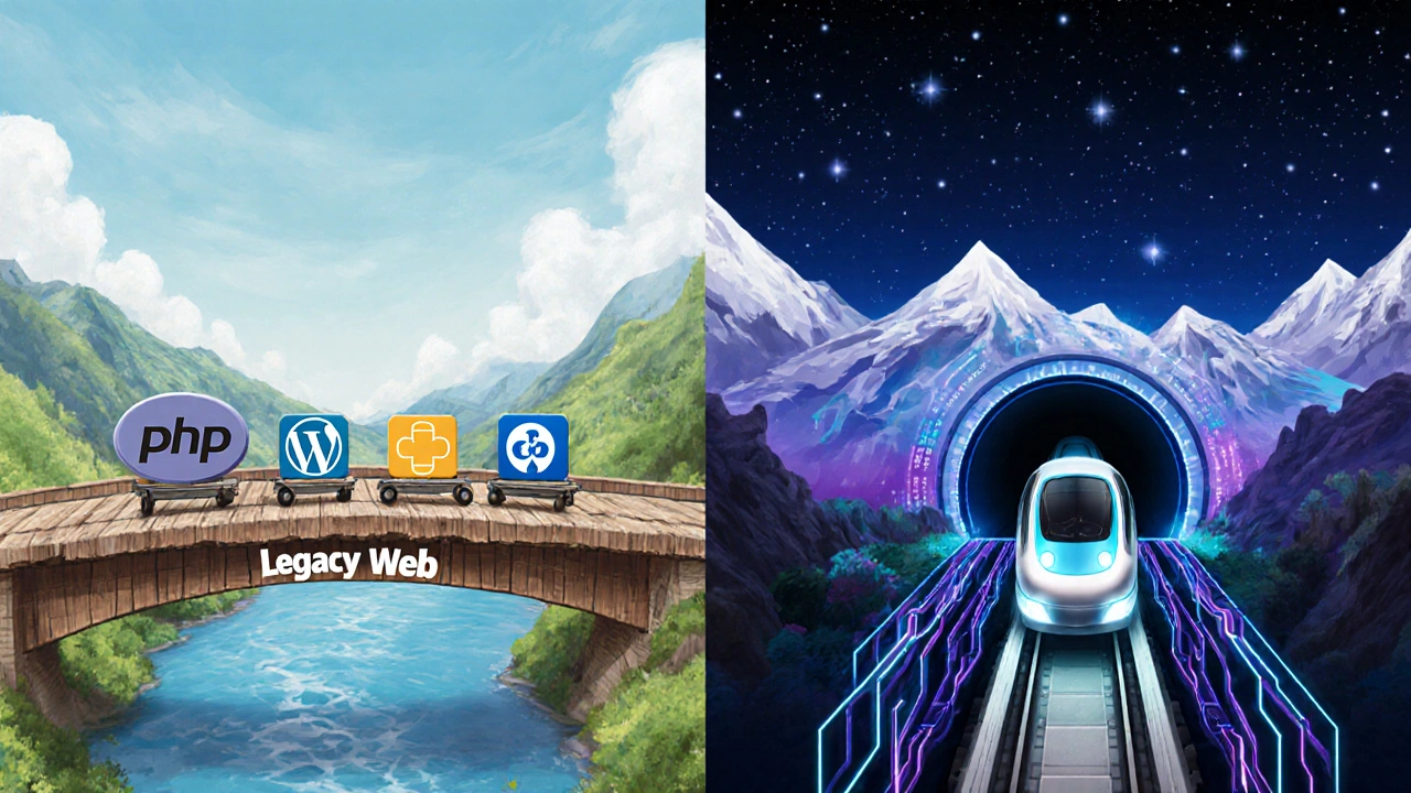 PHP als hölzerner Brücke für alte Webseiten, Python als schneller Zug in Richtung KI und Cloud-Technologien.
