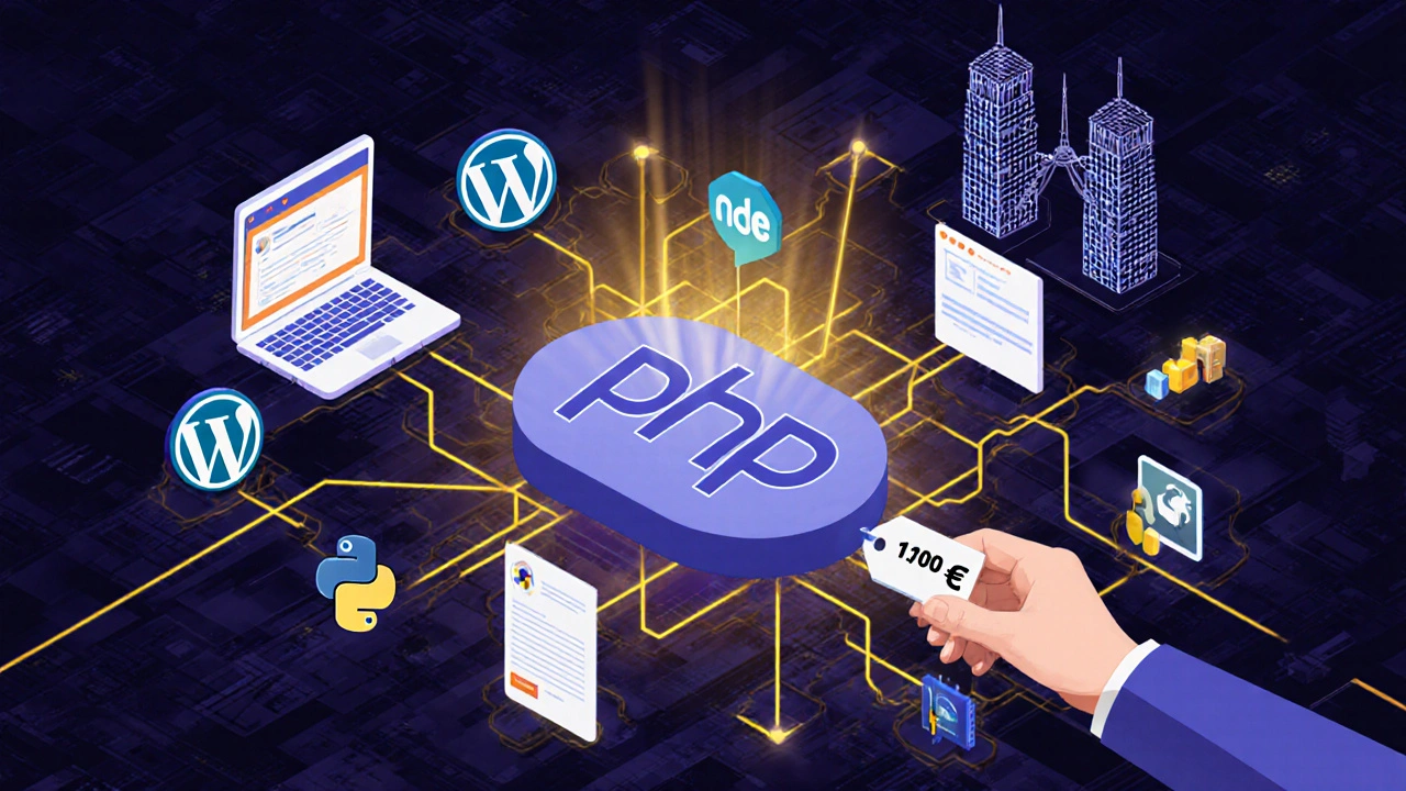 PHP als unsichtbares Netzwerk, das Millionen von Webseiten verbindet, während andere Technologien als teure Türme erscheinen.