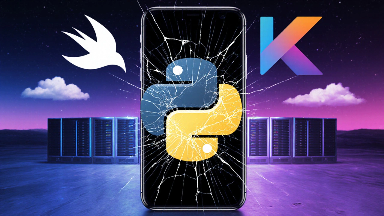 Python-Logo auf einem kaputten Handy, während Swift und Kotlin leuchten.