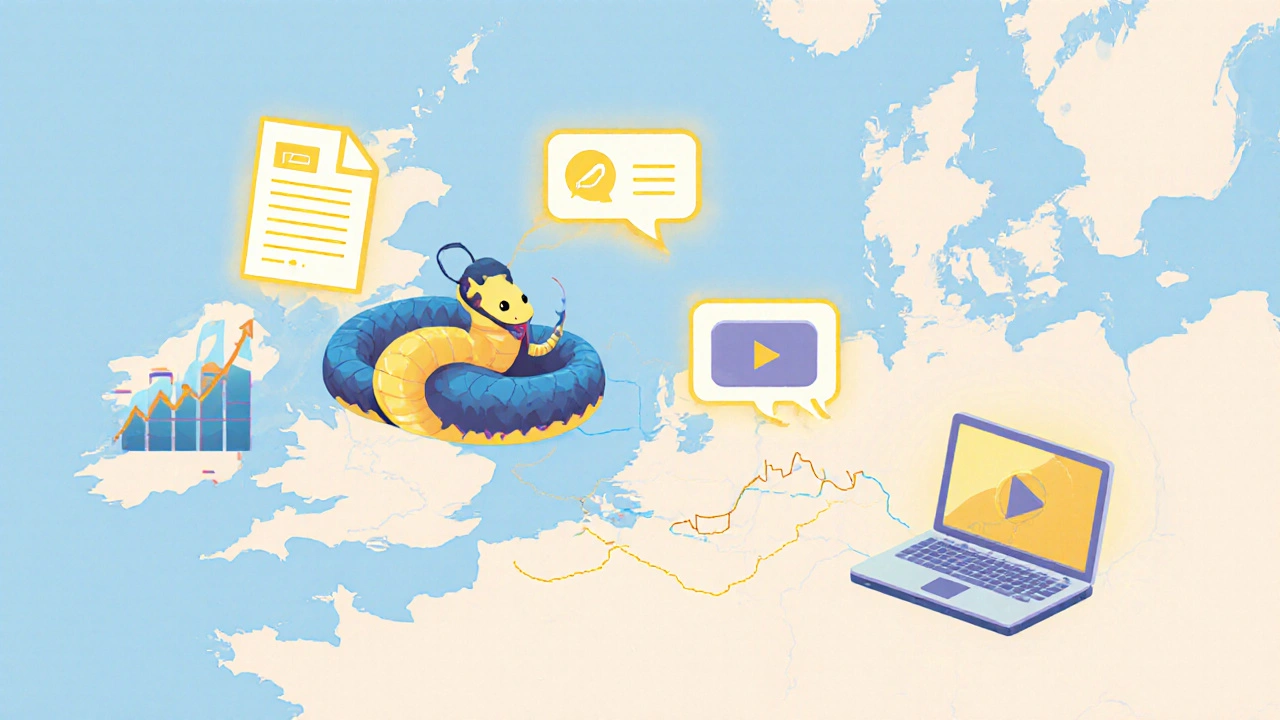 Python-Schlange aus Code hinterlässt Symbole für Einkommensquellen auf einer Landkarte.