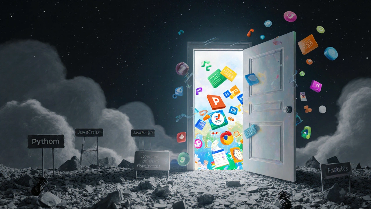 Tür aus Code-Elementen führt in eine lebendige Welt der Web-Apps