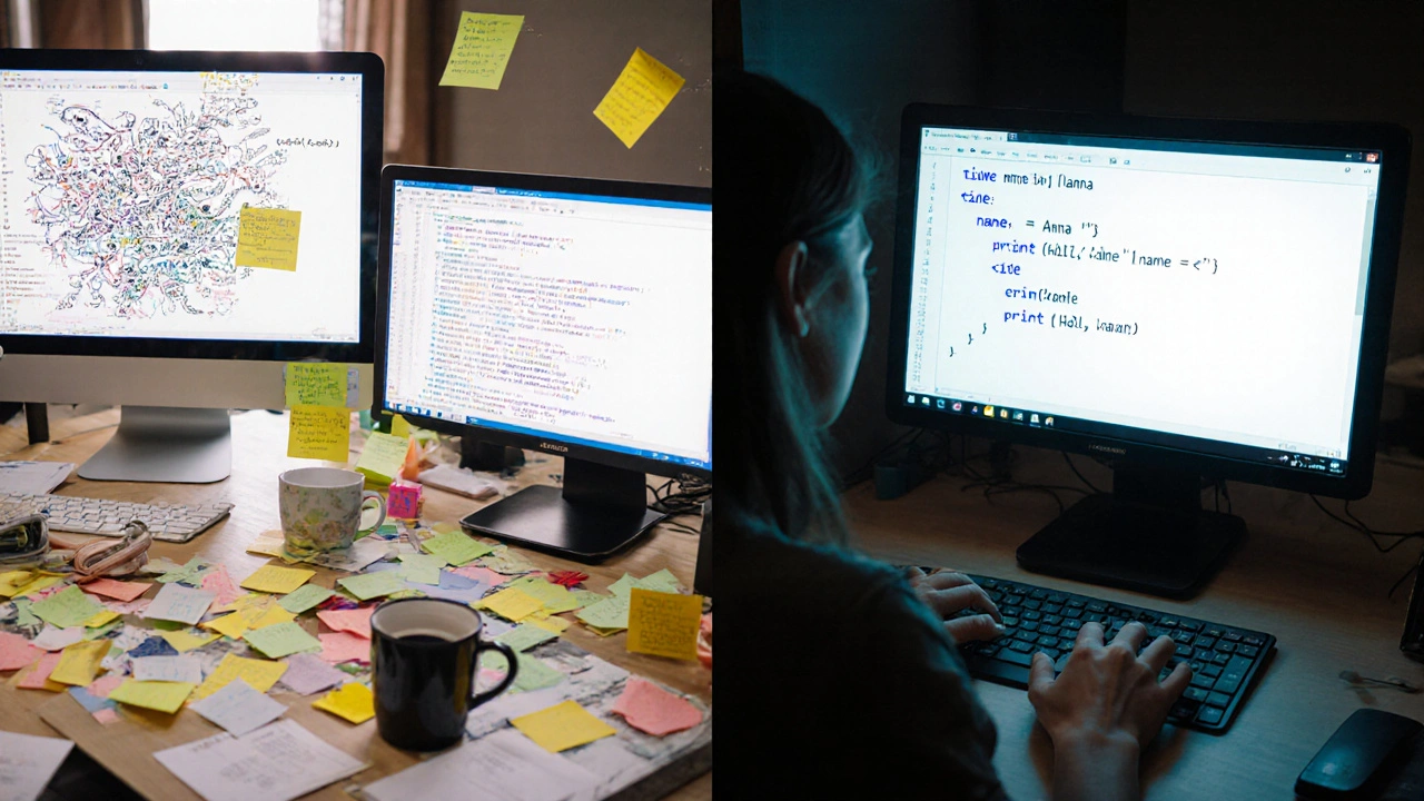 Vergleich: links chaotische Java/C++-Codeumgebung, rechts einfacher, klarer Python-Code auf einem sauberen Schreibtisch.