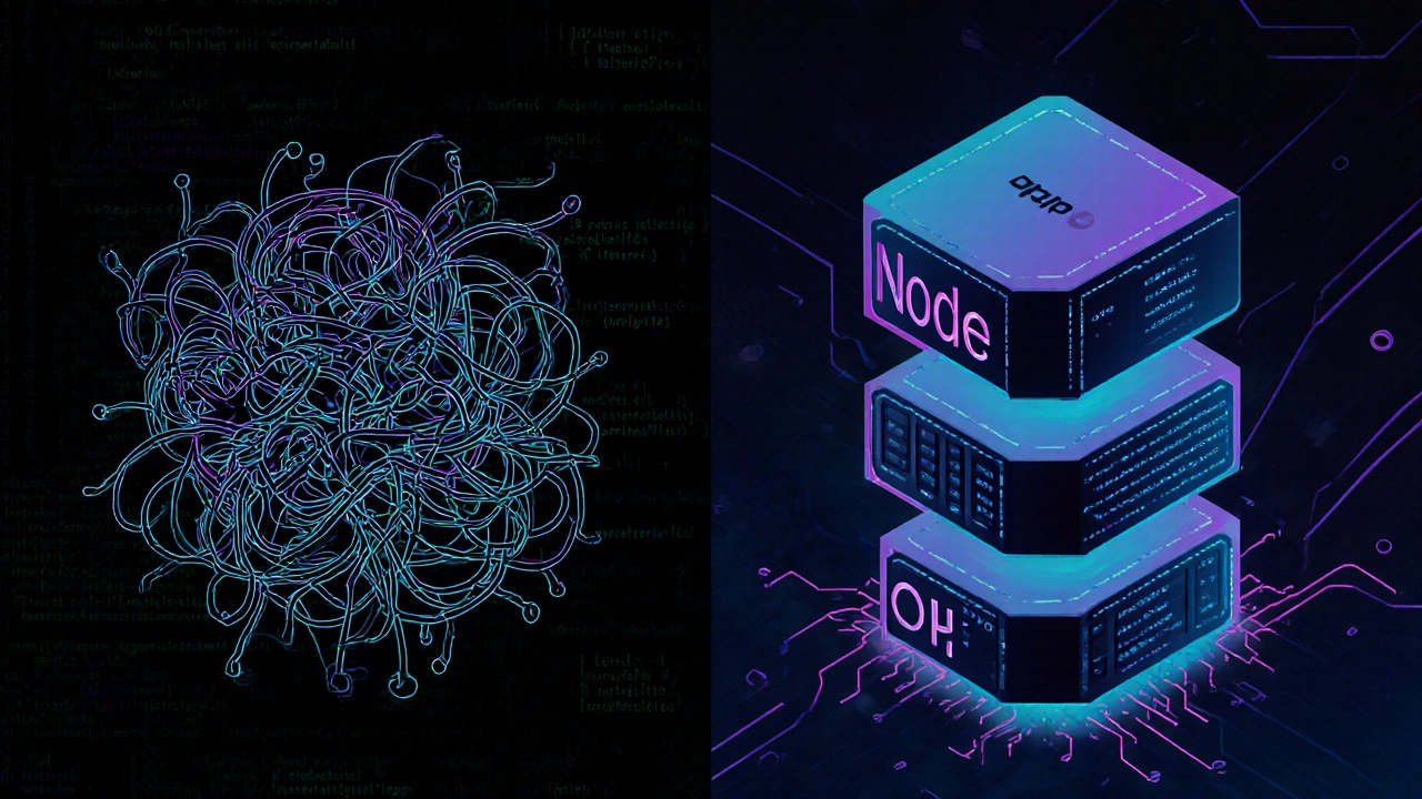 Vergleich von chaotischem PHP-Code und modernen Cloud-Technologien in einem digitalen Split-Screen.