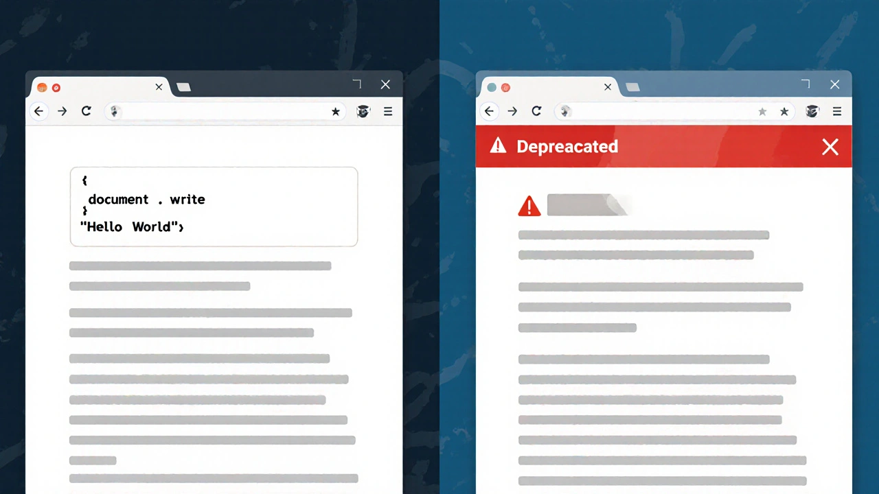 Webseite mit veraltetem document.write() und Warnhinweis