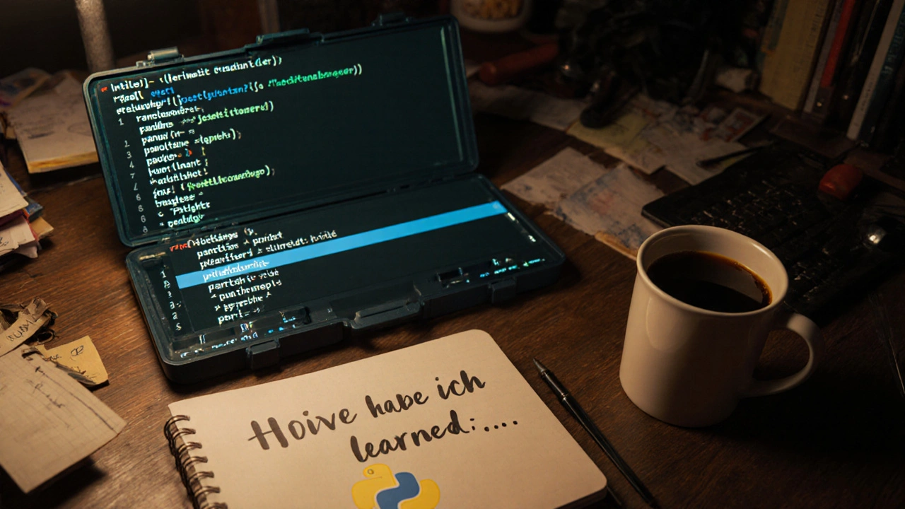Werkzeugkiste mit Python-Modulen und handschriftlichem Lernjournal auf Holztisch.