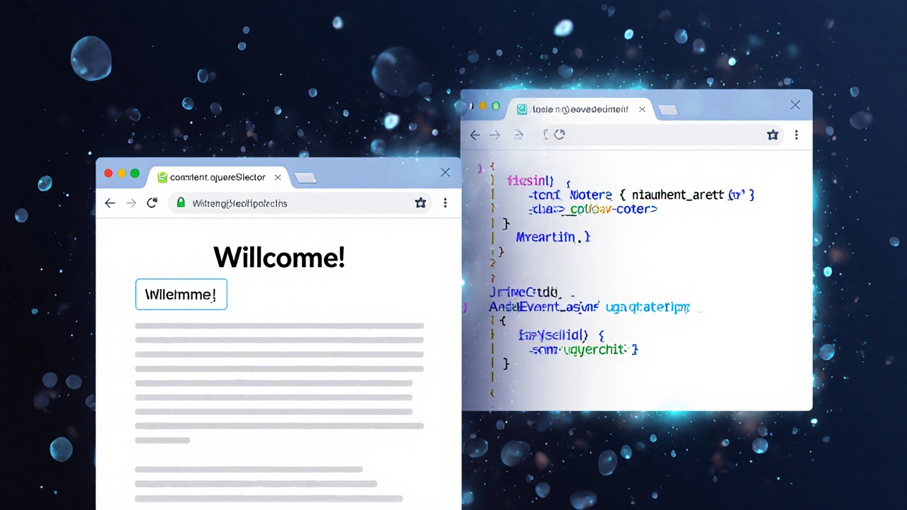 Zwei Ansichten einer Webseite: vor und nach JavaScript-Änderung mit neuem Text und aktivem Button.
