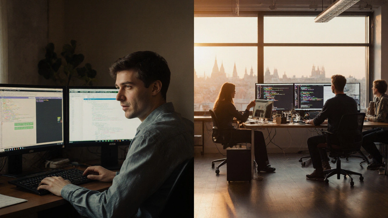 Zwei Karrierewege: ruhiges KMU-Büro mit PHP links, modernes Tech-Büro mit Echtzeit-Dashboards rechts