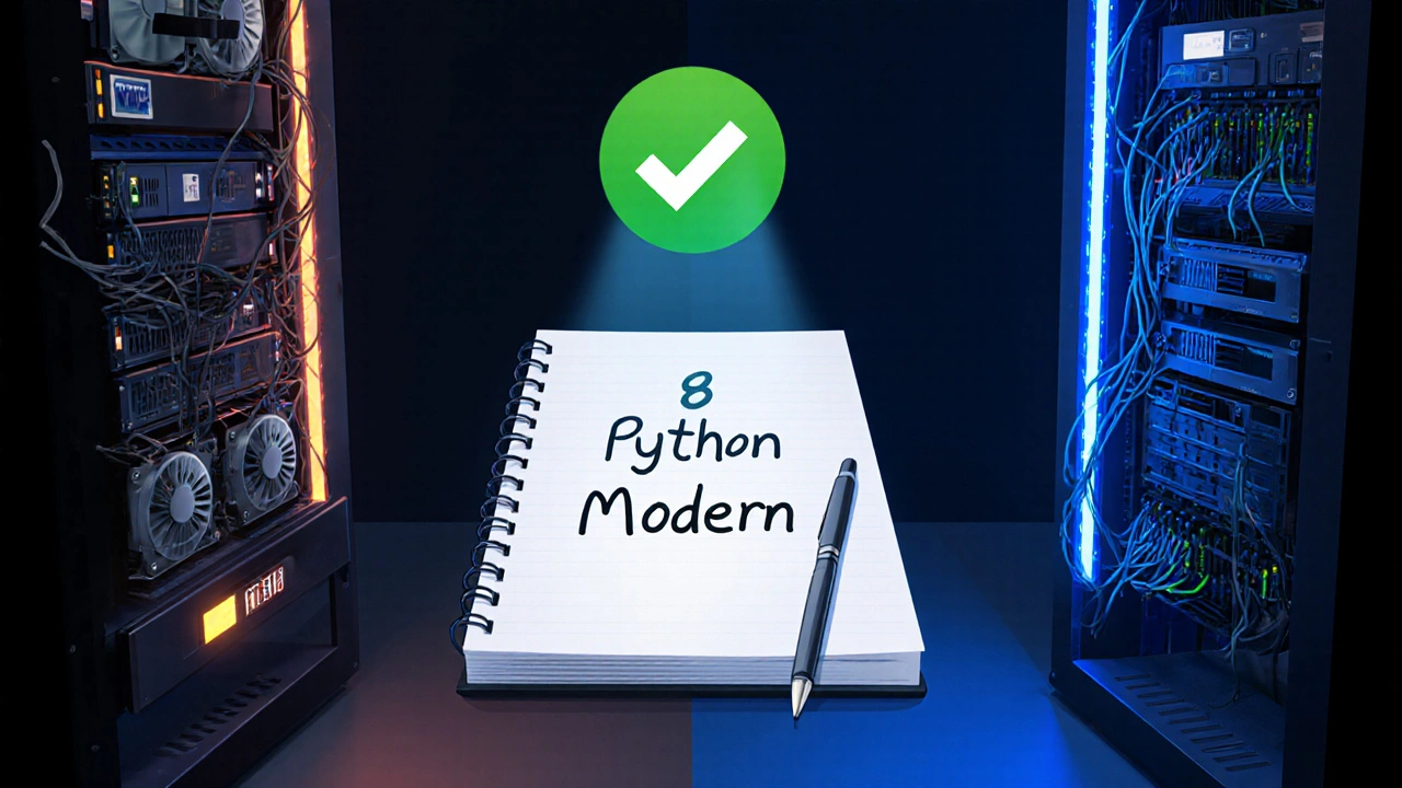 Zwei Server-Racks: links veralteter PHP-Stack, rechts moderner Python-Stack mit grünem Haken.