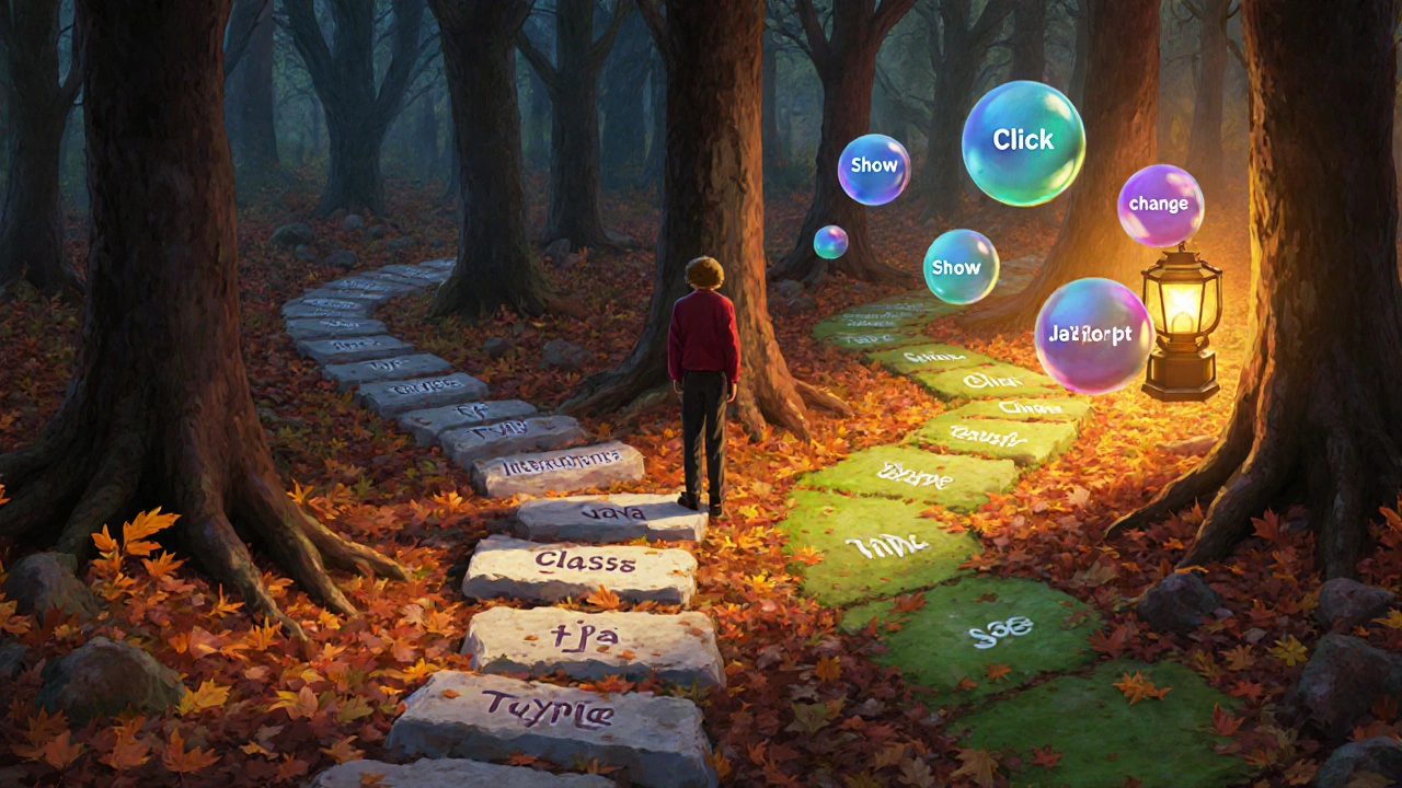 Zwei Wege in einem Wald: einer mit steinernen Java-Konzepten, der andere mit bunten JavaScript-Interaktionen.