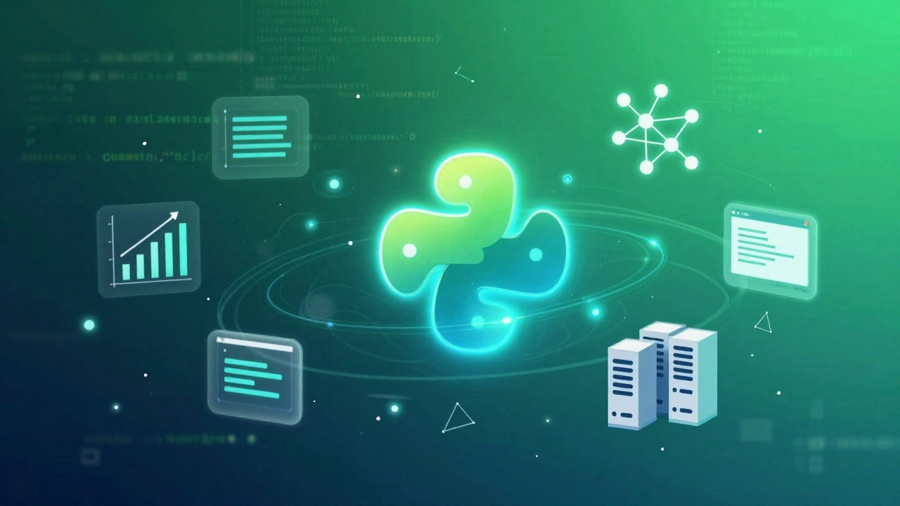 Abstrakte Darstellung von Python mit schwebenden Symbolen für Daten, KI und Automatisierung.