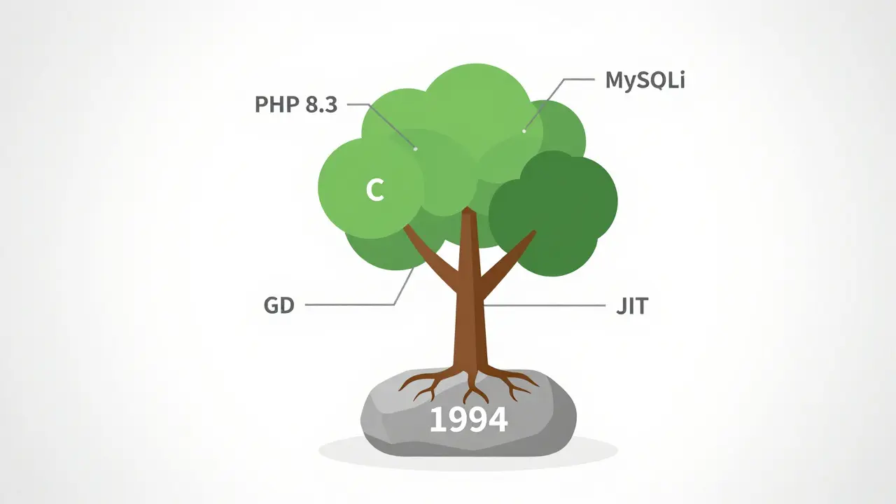 Baum mit Wurzeln aus C und Ästen aus PHP-Erweiterungen auf weißem Hintergrund