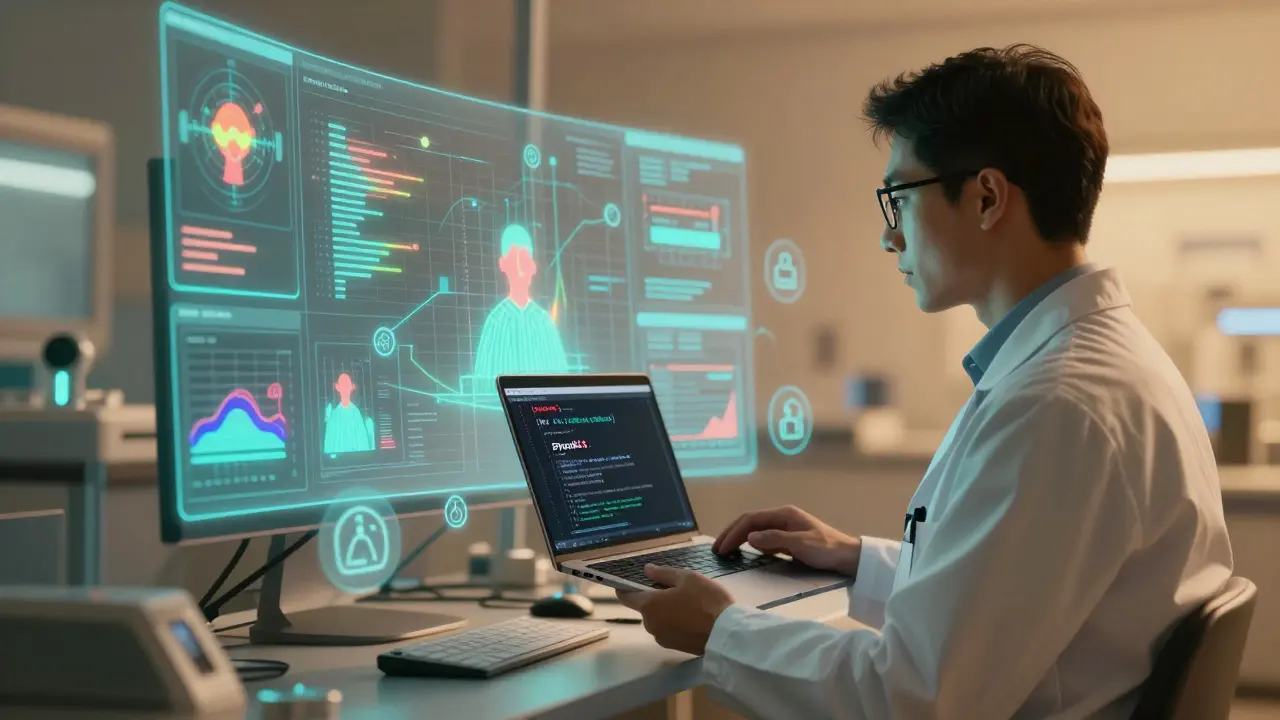 Data Scientist in Krankenhaus mit schwebenden Datenvisualisierungen und Python-Notebook.
