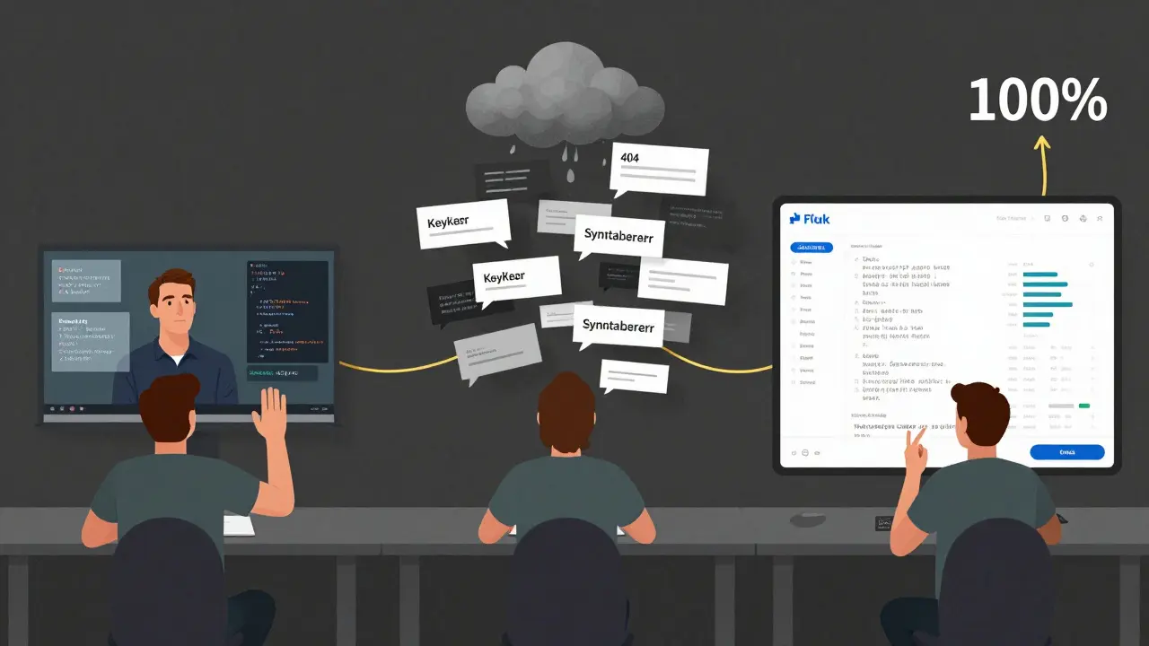 Drei Phasen des Python-Lernens: Tutorial, Fehler, Selbstständigkeit — symbolisch dargestellt.