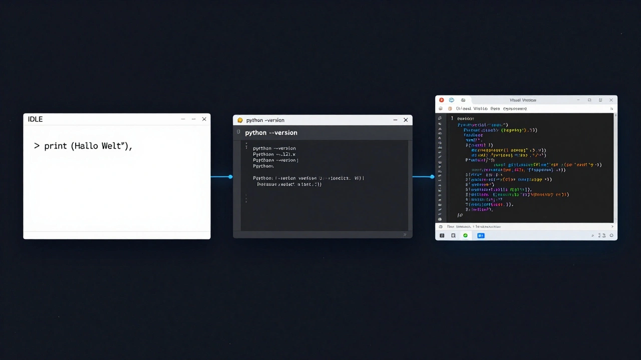 Drei verschiedene Python-Startmethoden: IDLE, Terminal und VS Code mit farbigem Code.