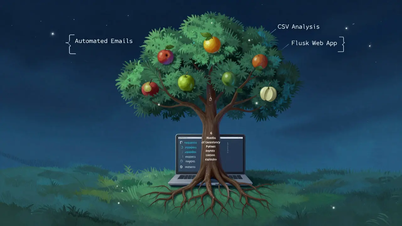 Ein Baum wächst aus einem Laptop, verzweigt in Python-Anwendungen wie Datenanalyse und Webentwicklung.