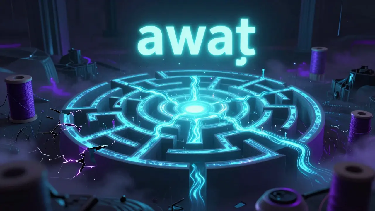 Ein digitales Netzwerk aus Asyncio-Strömen, das einen Event Loop darstellt, umgeben von blockierenden Threads.