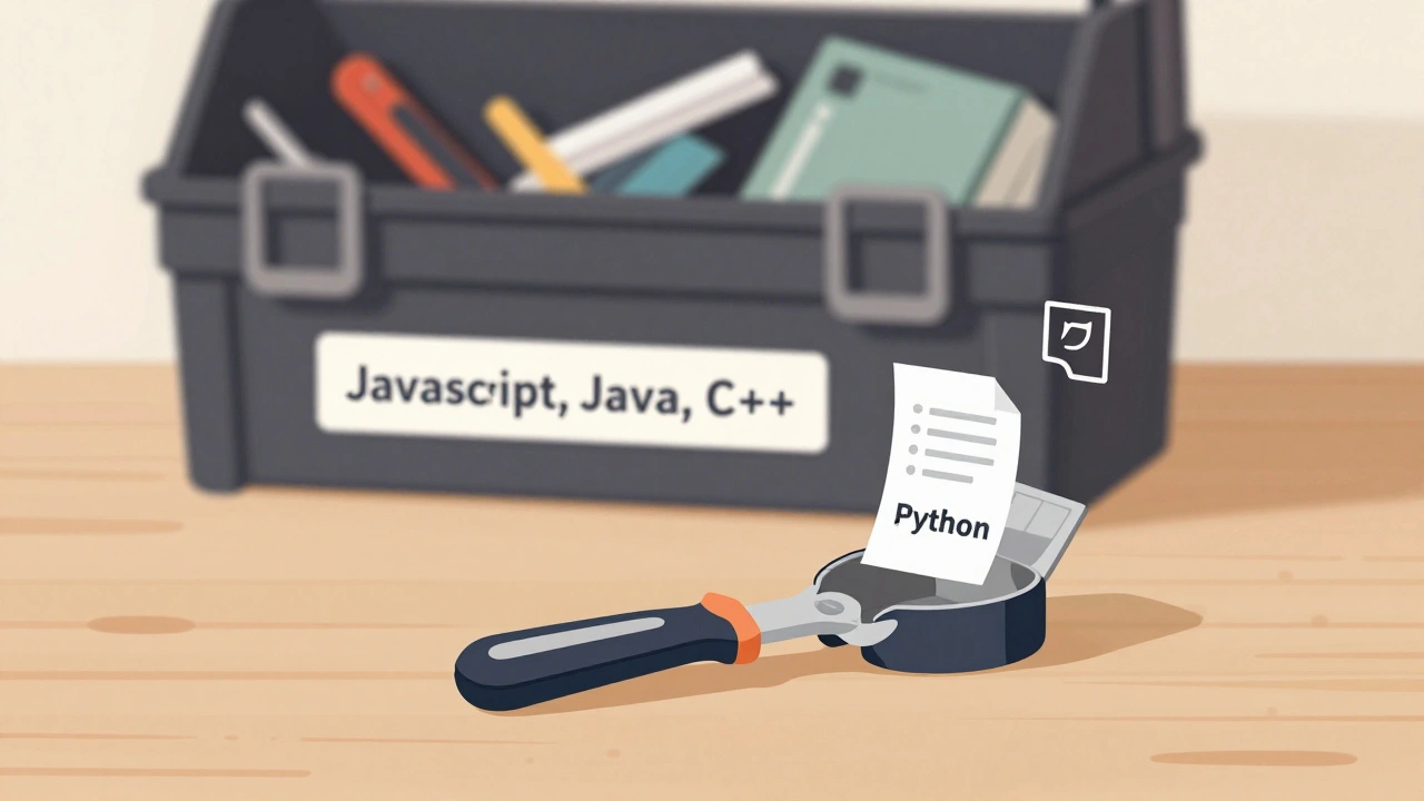 Ein einfaches Python-Werkzeug liegt neben komplexen anderen Programmiersprachen, symbolisiert Einfachheit für Anfänger.