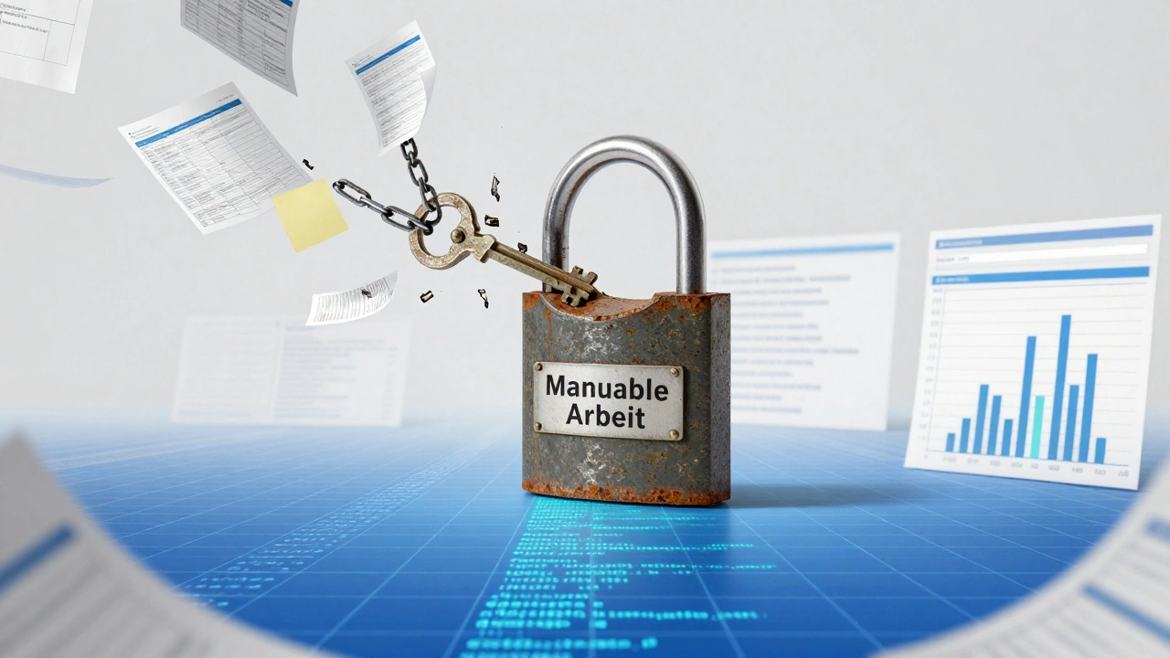 Ein kleiner Python-Code als Schlüssel, der ein großes Schloss mit 'Manuelle Arbeit' öffnet, Ketten fallen ab, Daten werden geordnet.