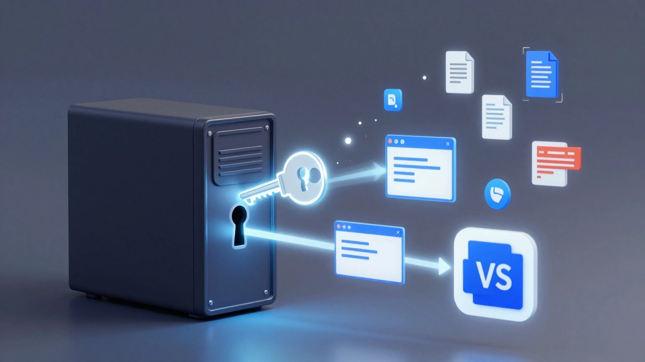 Ein leuchtender Schlüssel öffnet einen Computer-Lock, von dem drei Wege zur Programmierung ausgehen.