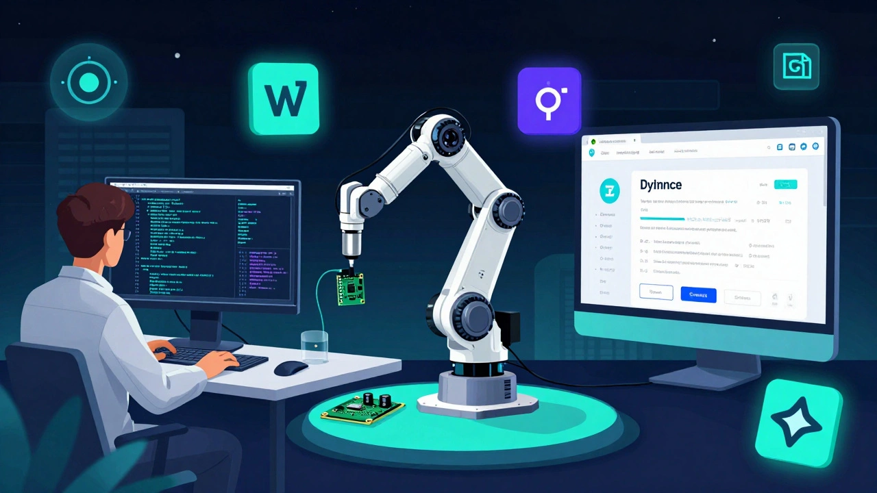 Eine digitale Collage zeigt Python in Wissenschaft, Robotik und Webentwicklung mit Floating-Icons.