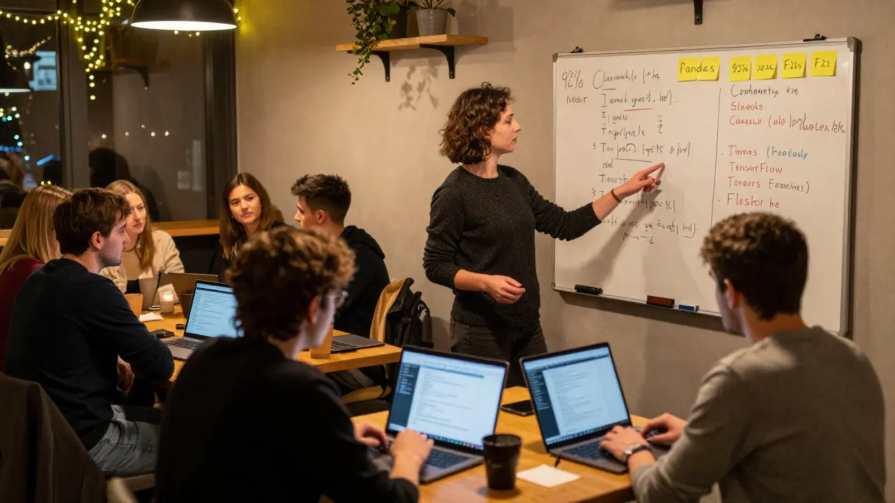 Eine Gemeinschaft von Entwicklern trifft sich in einem Café, um Python-Code zu besprechen.