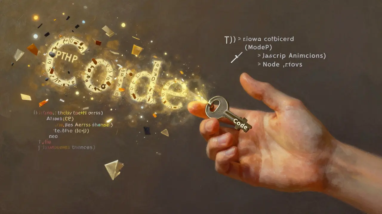Eine Hand teilt einen Code-Schlüssel in zwei Richtungen: PHP und JavaScript, umgeben von schwebenden Code-Fragmenten.