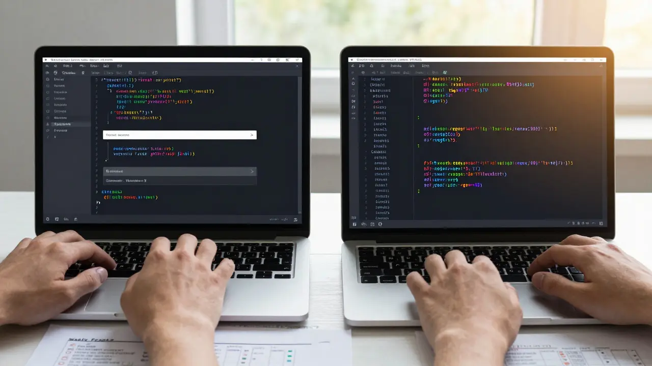 Eine Hand tippt nacheinander PHP- und Python-Code, während sich Webformulare und Terminal-Ausgaben aufbauen.