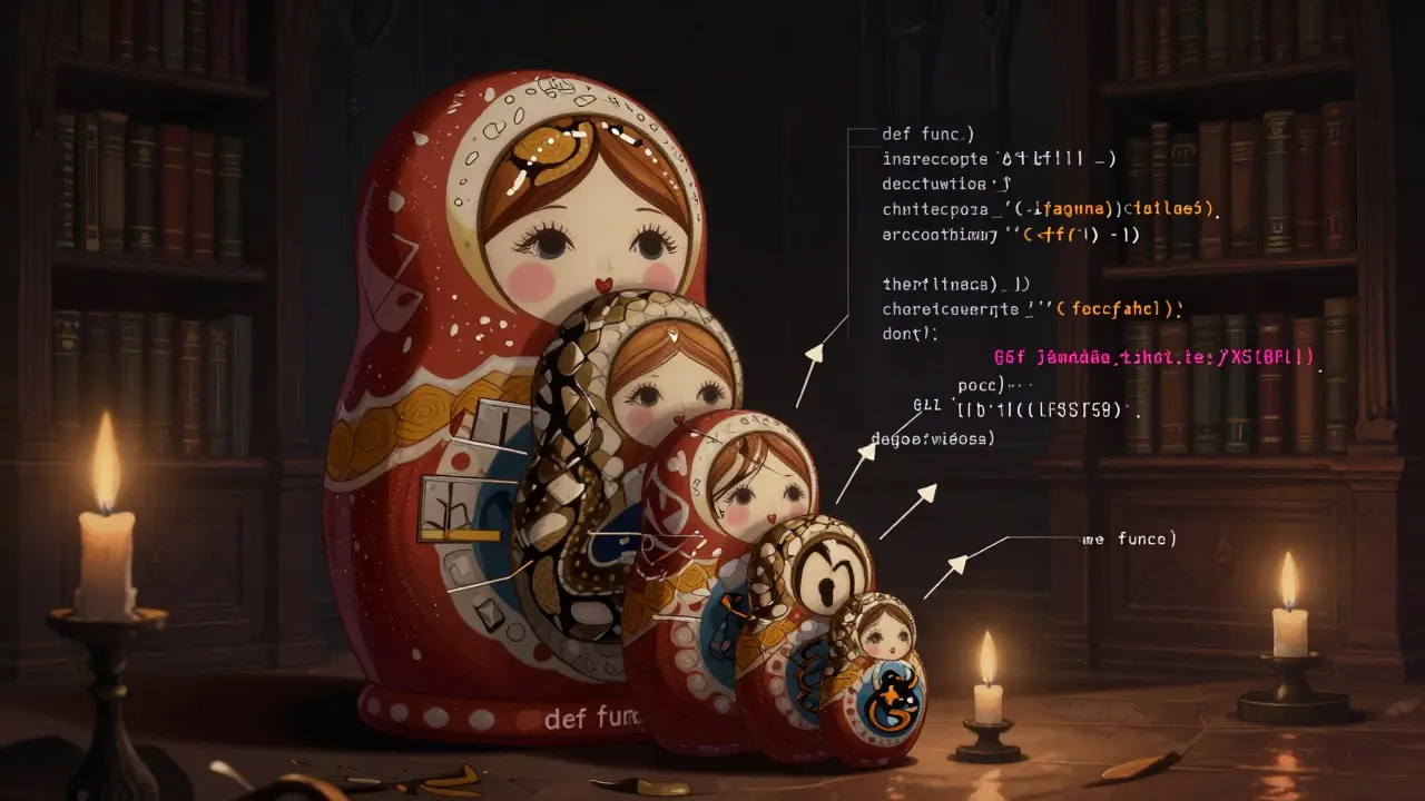 Eine russische Puppe aus Python-Code-Schichten, die Decorator und Metaklassen symbolisiert, mit GIL-Sperre im Inneren.