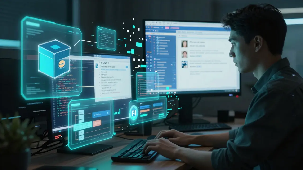 Entwickler arbeitet mit PHP 8.2, umgeben von digitalen Hologrammen von Docker, PHPUnit und CI/CD-Pipelines, alte Website löst sich auf.