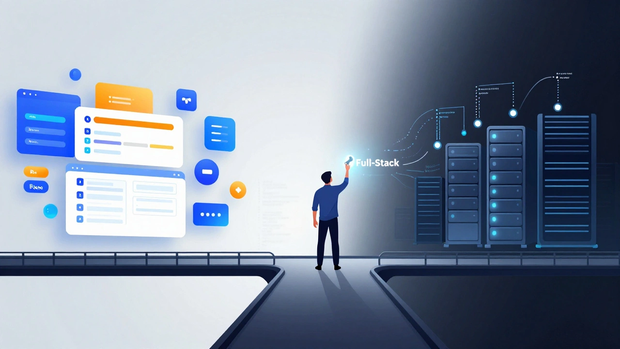Entwickler auf Brücke zwischen lebendigem Frontend und dunklem Backend